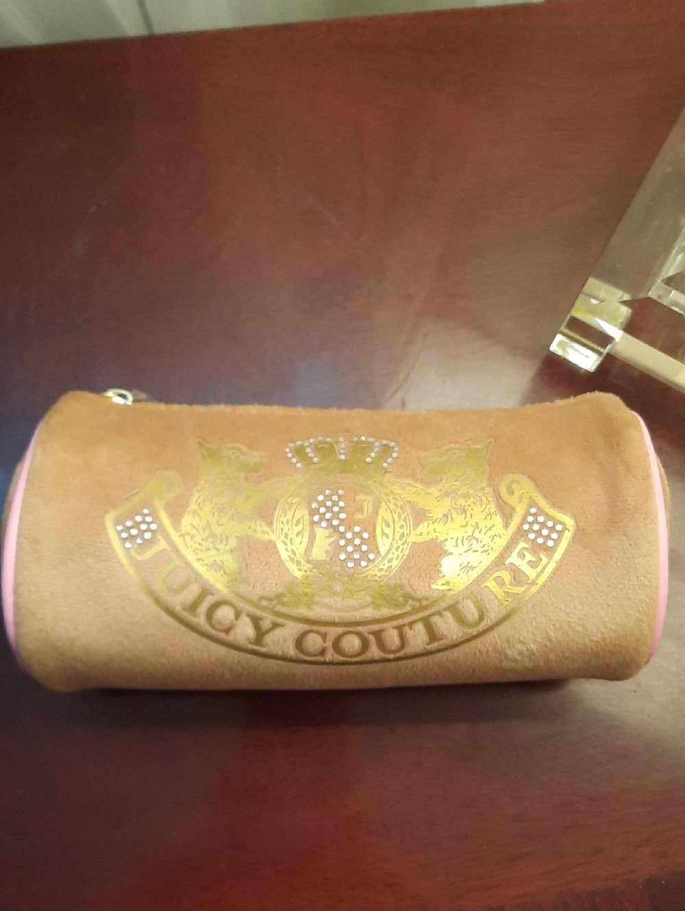 NWOT Juicy Couture Tan Velour Pouch with Pink Trim and Gold Logo. Travel Bottle